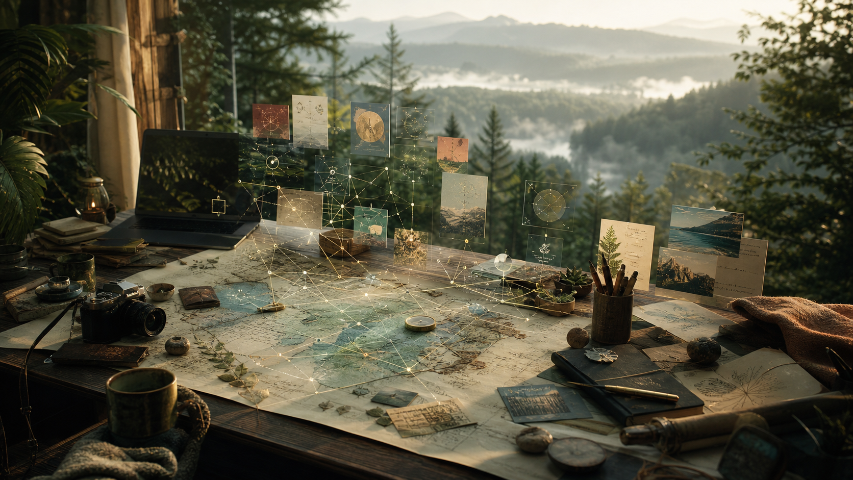 A cinematic desk by nature with maps, notes, digital interfaces, and project connections.